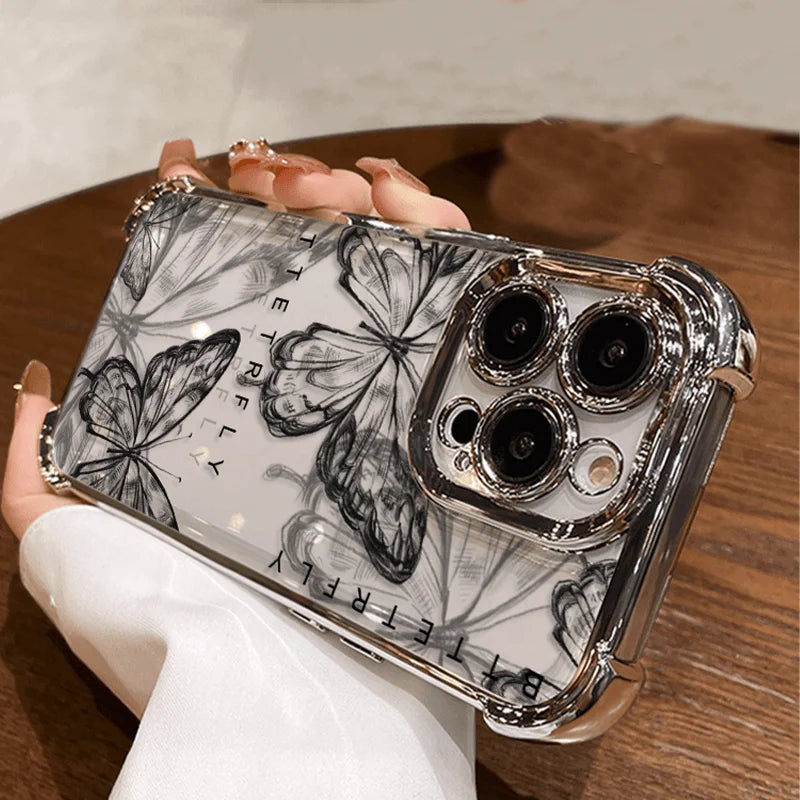 Black Beautiful Butterfly Plating Phone Case For Xiaomi Redmi 14C 13C 12C K50 K40 Note 13 12 11 10 9S 4G 5G Anti Fall Airbag