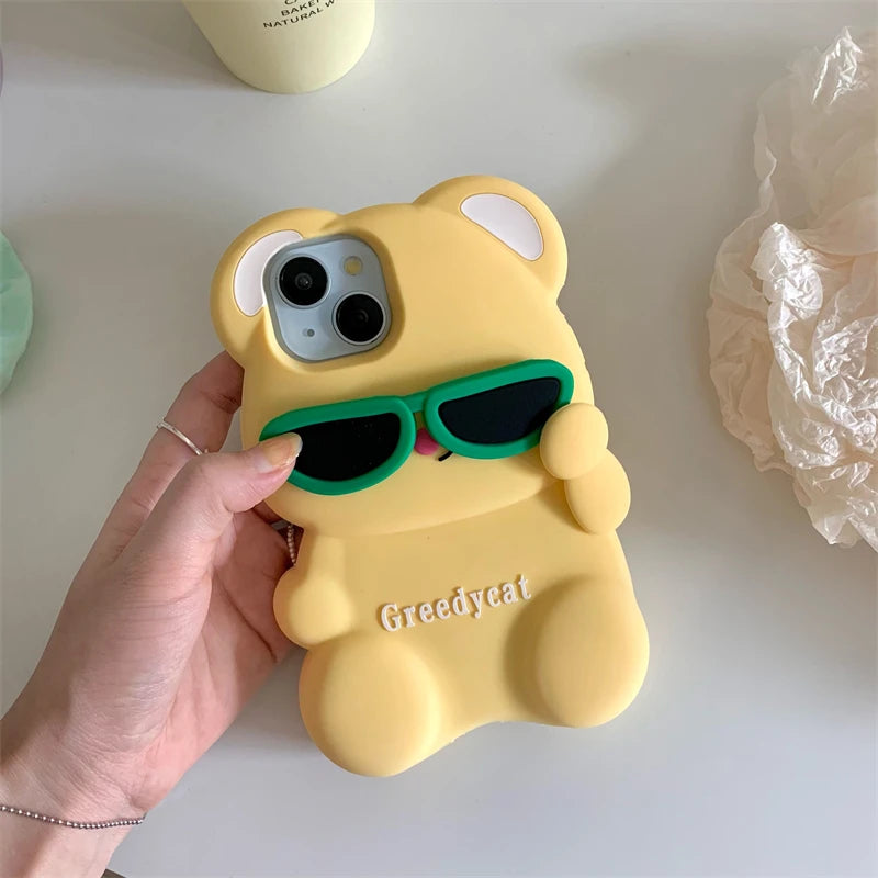 3D Cute Bear Sunglasses Phone Case For iPhone 16 promax 15 14 Plus 13 12 Pro Max 11 Soft Silicone Cartoon Cover