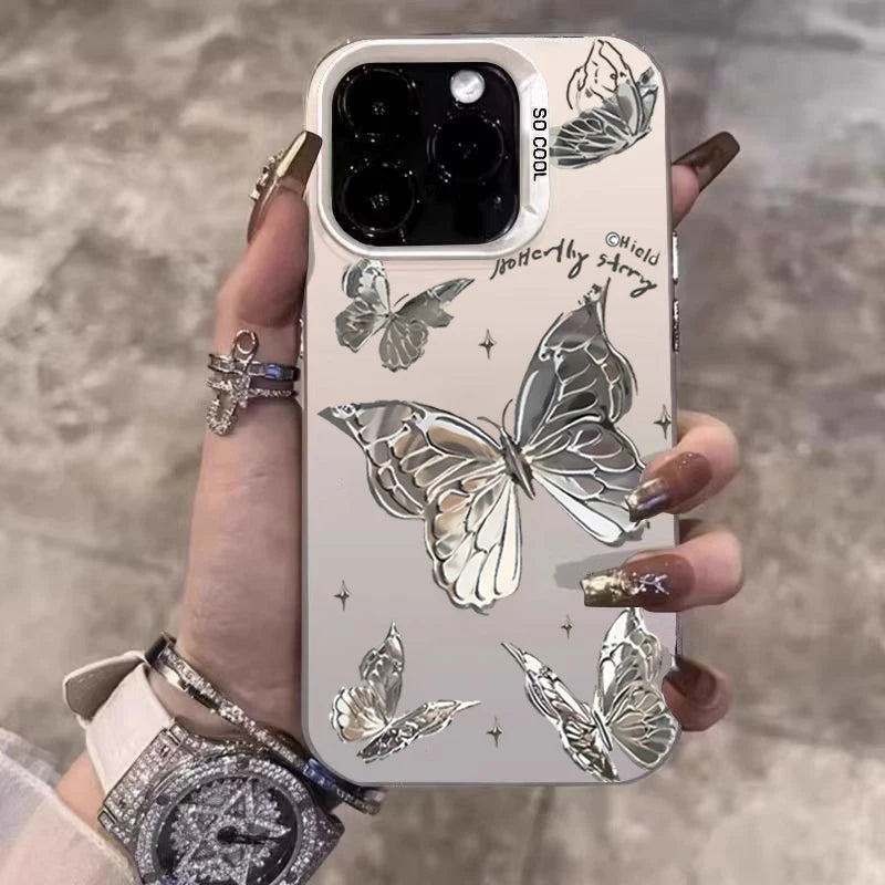 Silver Heart Butterfly Pattern IMD Phone Case For Xiaomi Mi 15 14 13 12 13T 14T Pro 11 Lite 5G NE Poco F6 X5 X6 M6 Pro Cover
