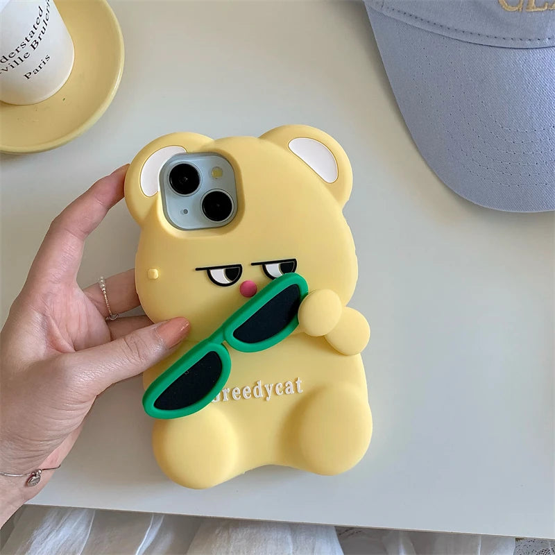 3D Cute Bear Sunglasses Phone Case For iPhone 16 promax 15 14 Plus 13 12 Pro Max 11 Soft Silicone Cartoon Cover
