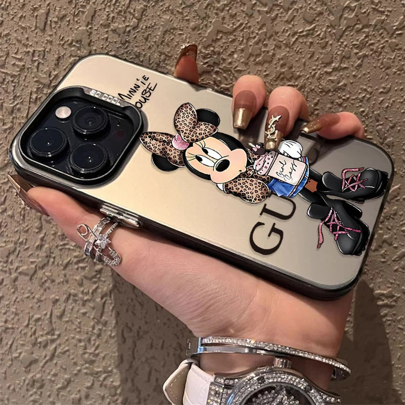 Fashion Leopard Print Minnie Plating Matte Case for iPhone 16 15 14 13 12 11 Pro Max XS X XR 8 7 Plus SE 2020 Shockproof Cover