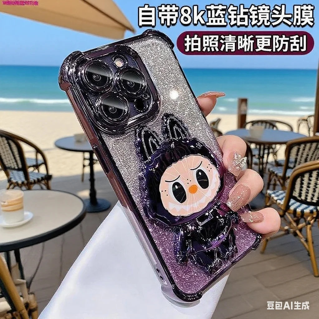 For iPhone 11 12 13 14 15 16 X XR 7 8 Phone Case Soft Silicone Plating Cartoon Rabbit Fold Stand Makeup Mirror Bracket Cover