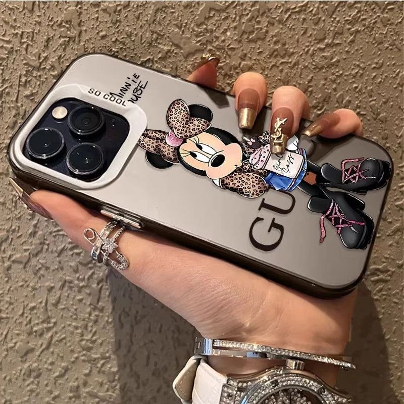 Fashion Leopard Print Minnie Plating Matte Case for iPhone 16 15 14 13 12 11 Pro Max XS X XR 8 7 Plus SE 2020 Shockproof Cover