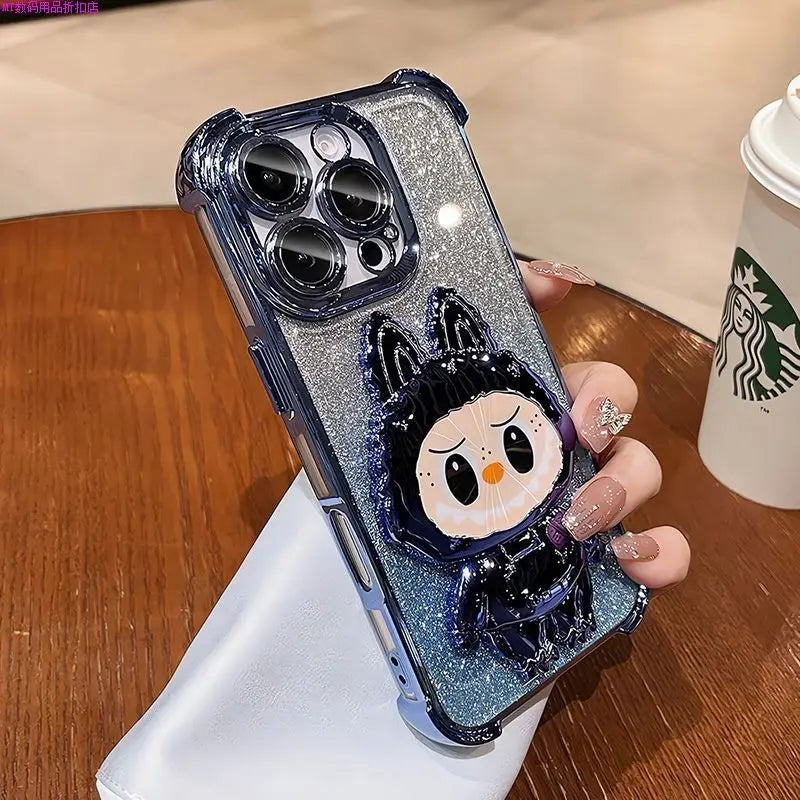 For iPhone 11 12 13 14 15 16 X XR 7 8 Phone Case Soft Silicone Plating Cartoon Rabbit Fold Stand Makeup Mirror Bracket Cover