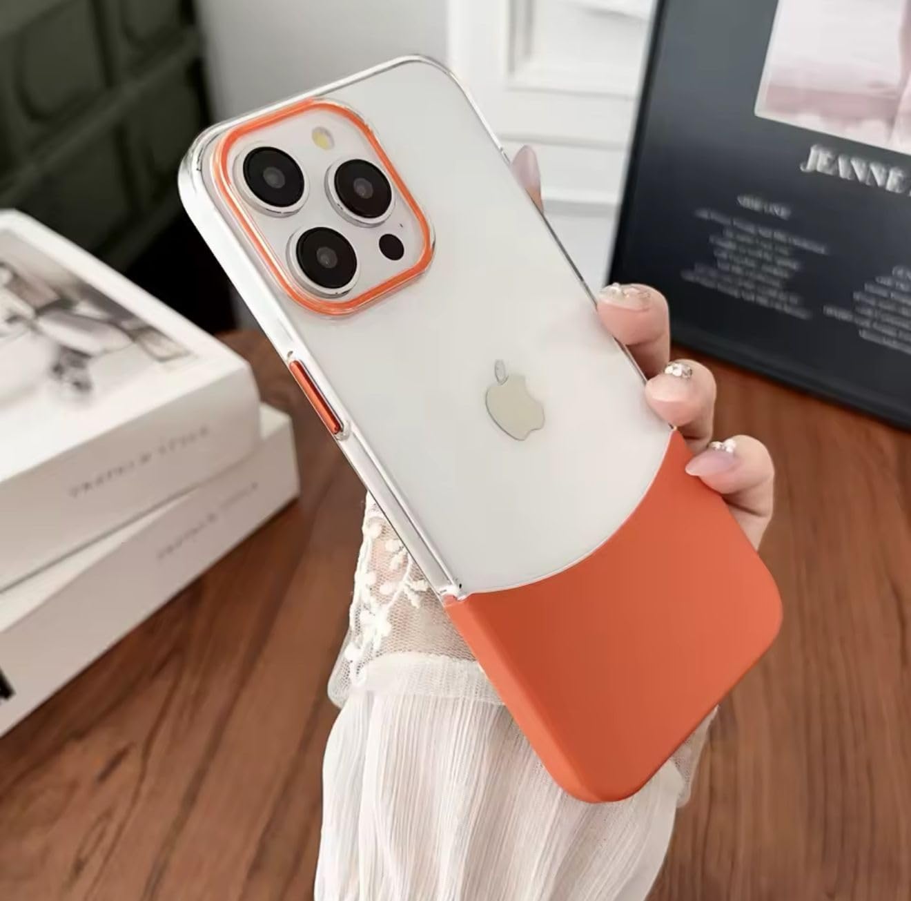 فكرة Fekra Luxury Transparent Splice Color Clear Case For iPhone 15 Pro Max | 15 Pro | 15 | 14 Pro Max | 13 Pro Max | 13 14 Removable Acrylic Shockproof Protection Cover (Orange, iPhone 14 Pro Max)