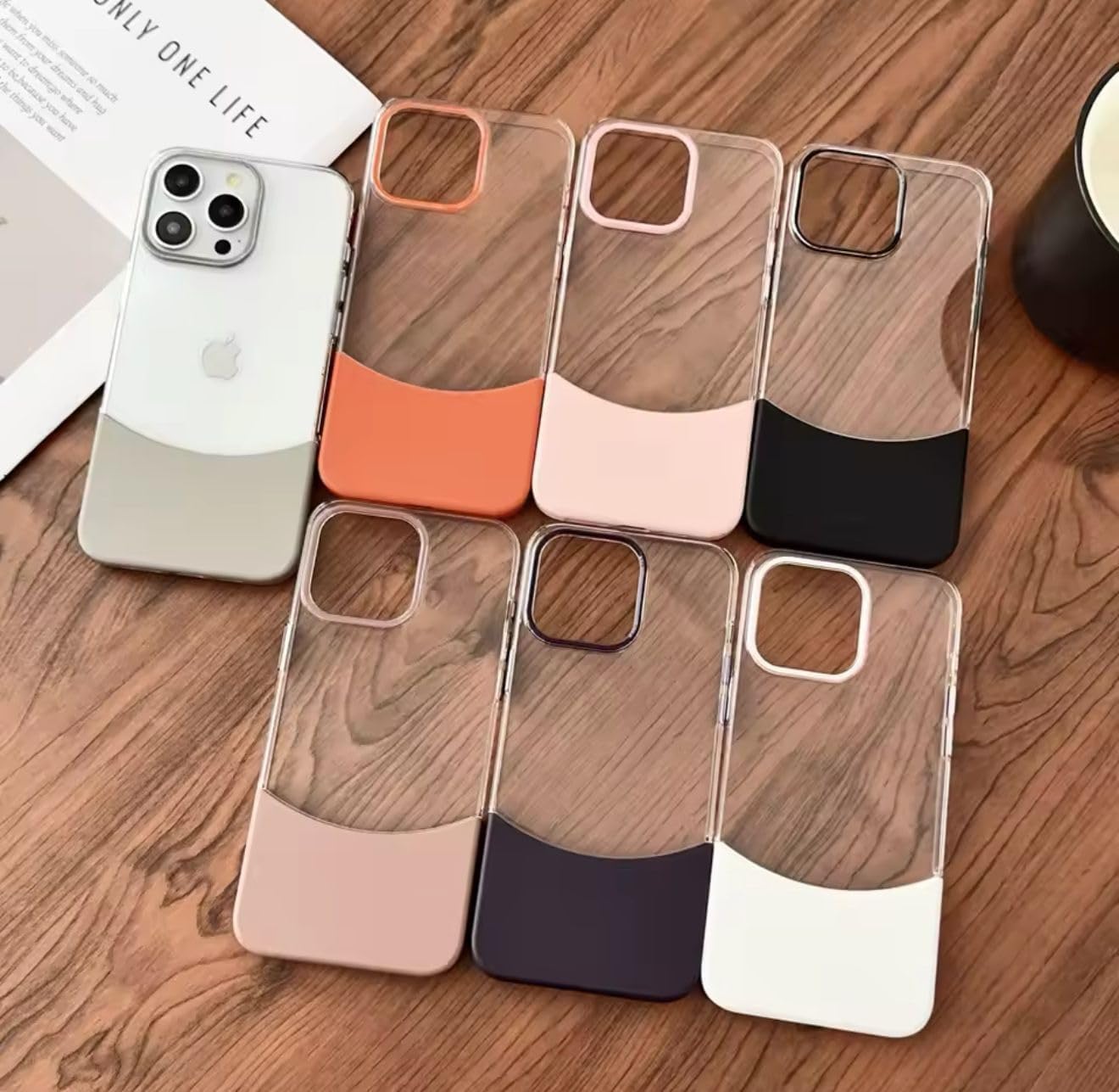 فكرة Fekra Luxury Transparent Splice Color Clear Case For iPhone 15 Pro Max | 15 Pro | 15 | 14 Pro Max | 13 Pro Max | 13 14 Removable Acrylic Shockproof Protection Cover (Orange, iPhone 14 Pro Max)