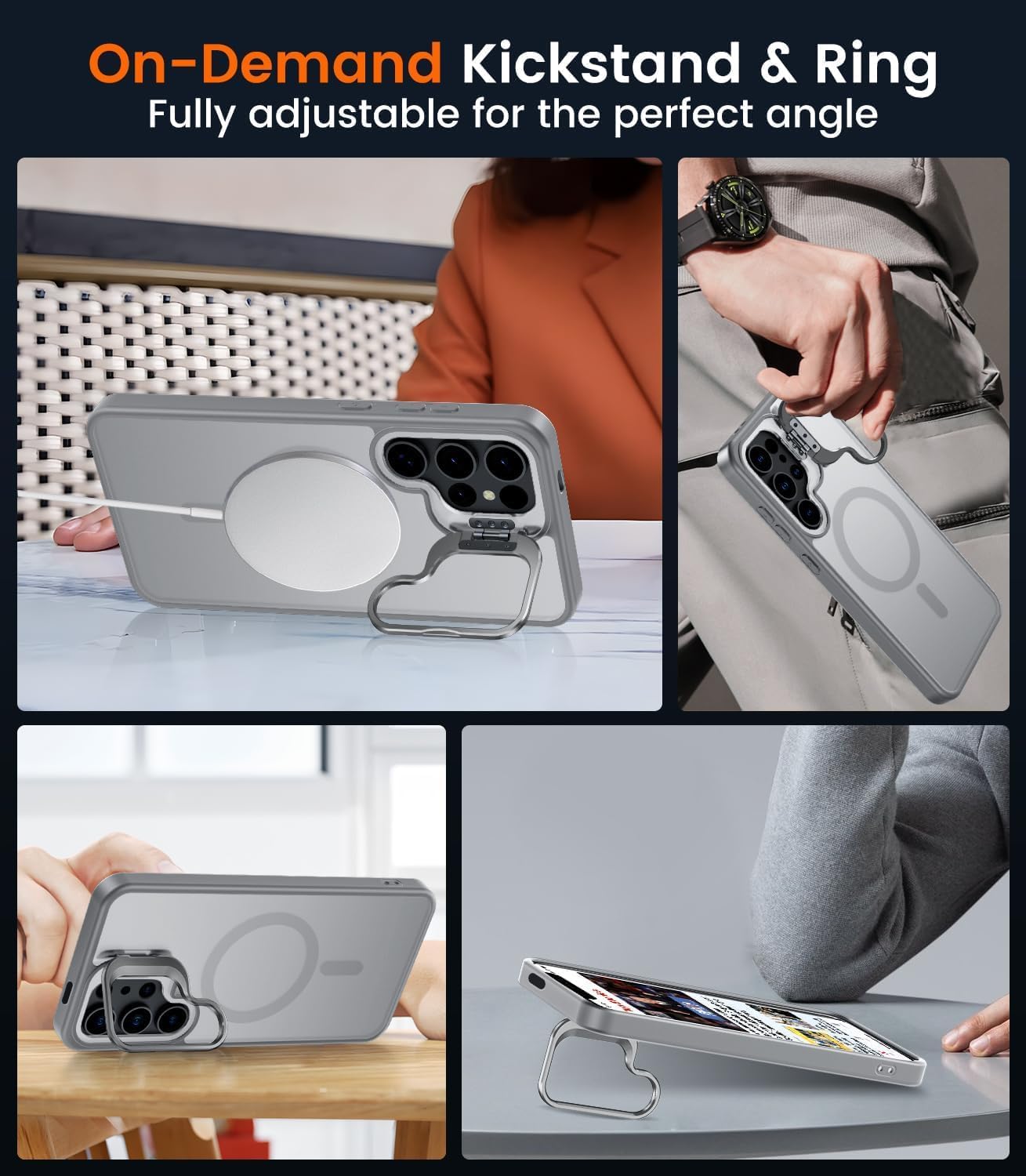 Grabist Case for Samsung Galaxy S25 Ultra, Compatible with MagSafe, Built-in Camera Ring Stand, Translucent Matte Military-Grade Drop Protection Magnetic Case for Samsung S25 Ultra (Titanium Gray)