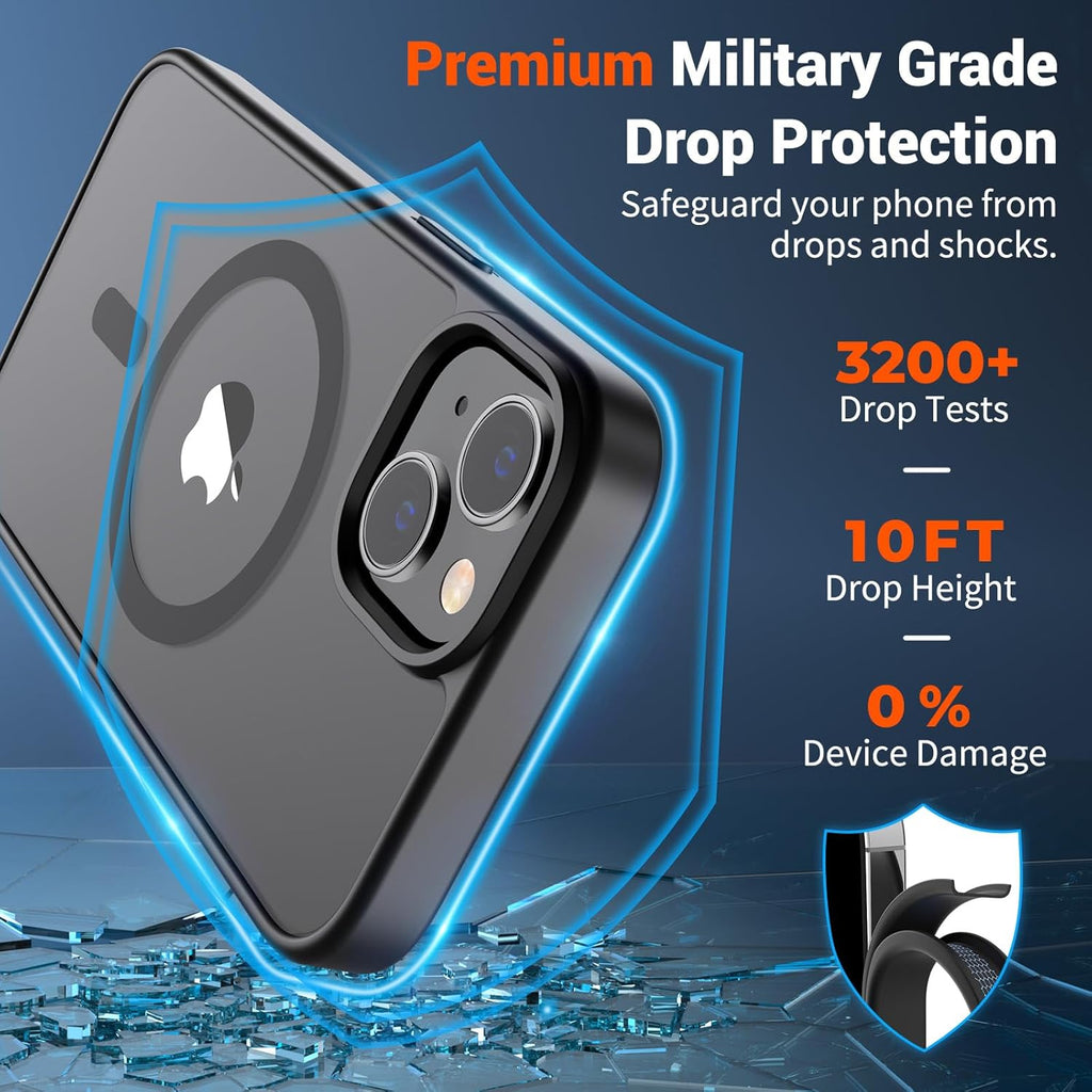SUPFINE Magnetic for iPhone 14 Case & iPhone 13 Case (Compatible with MagSafe)(Military Grade Drop Protection) Translucent Matte Shockproof Phone Cover,Black