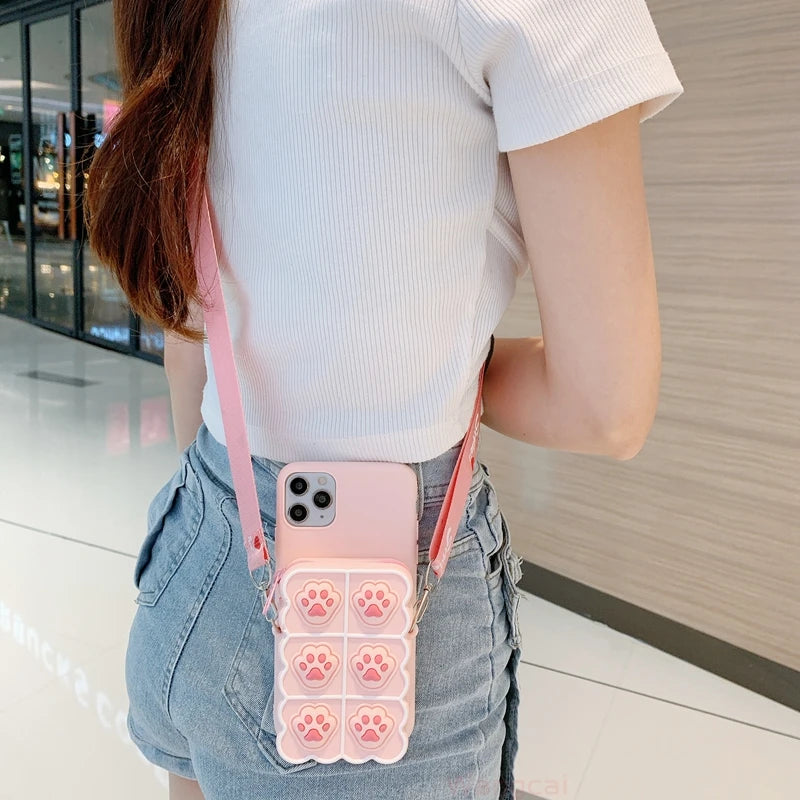 Purse Lanyard Wallet Phone Cases For OPPO Find X3 X2 Neo Lite A9 A5 A8 A31 2020 A12 A12E A5S A3S F7 F5 Cat Claw Card Stand Cover