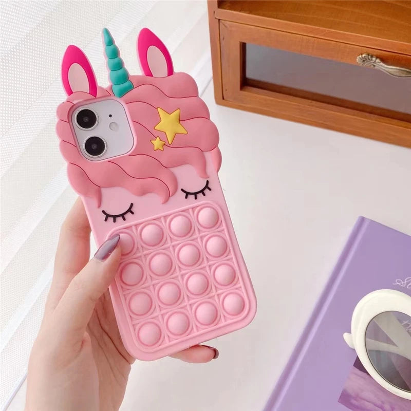 Pop Fidget Toys Bubble Case For iPhone 11 12 13 Pro X Xs Max XR 6 6s 7 8 Plus 5 5s SE Mini Cartoon Unicorn Soft Silicone Cover