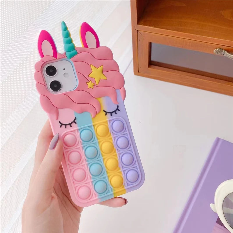 Pop Fidget Toys Bubble Case For iPhone 11 12 13 Pro X Xs Max XR 6 6s 7 8 Plus 5 5s SE Mini Cartoon Unicorn Soft Silicone Cover