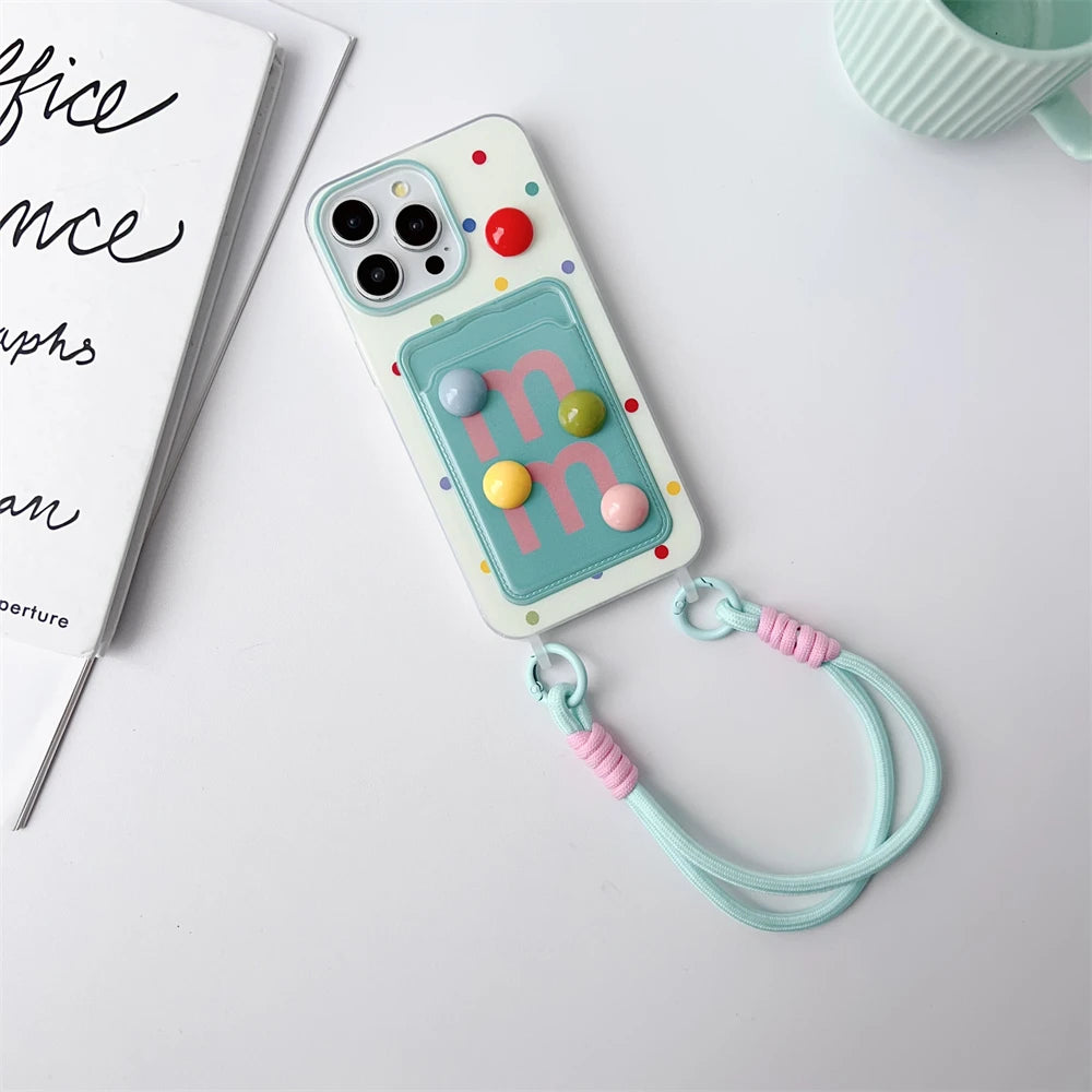 Japan Cute color bean card bag wrist strap silicone phone case for iphone 15 Pro Max 11 12 13 14 Xs Xr cartoon protection cover