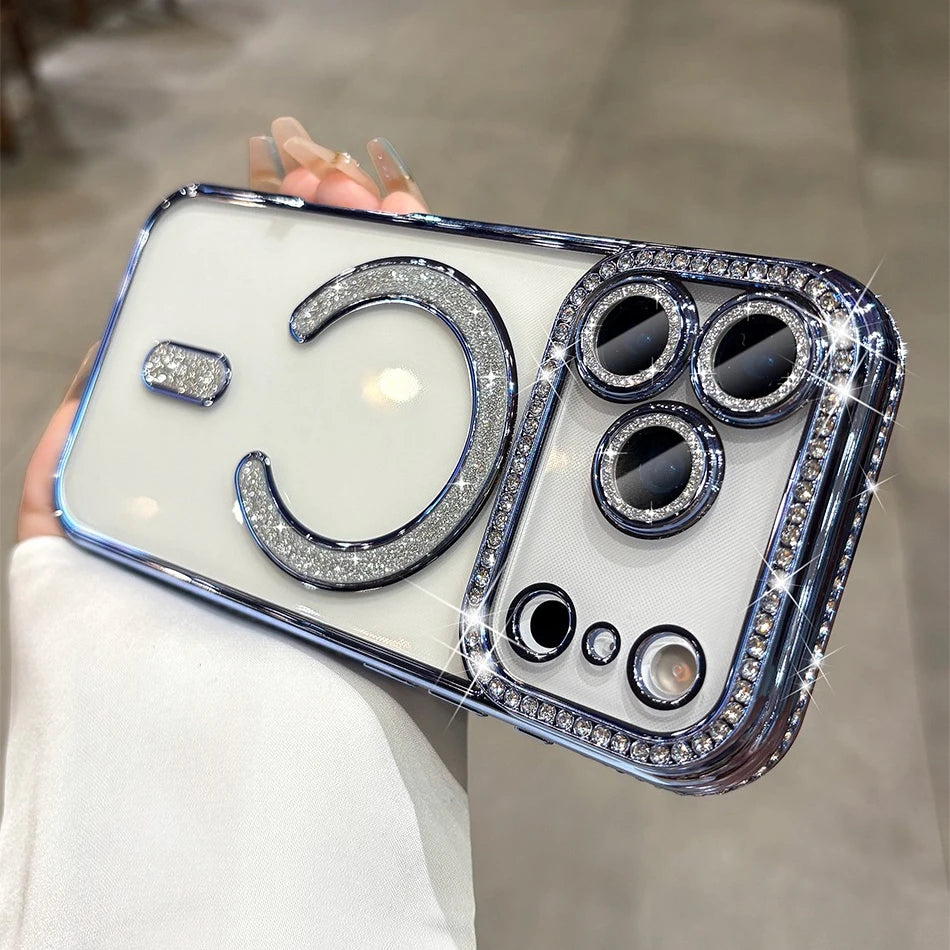 For iPhone 17 Air 17 Pro Max Luxury Girl's Case Bling Diamond Lens Film Magsafe Cover Case for iPhone 16 15 14 13 12 11 Pro Max