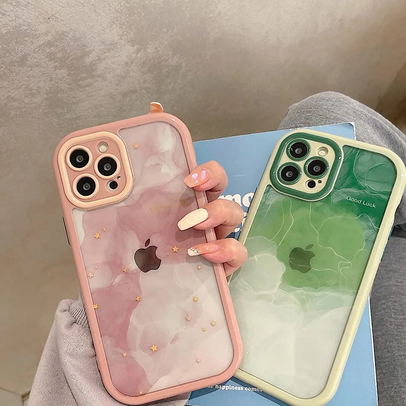 Gradient Pink Green Abstract Oil Painting Acrylic Clear Case For iPhone 16 Pro Max 15 14 13 12 11 Soft Bumper Hard Back Cover