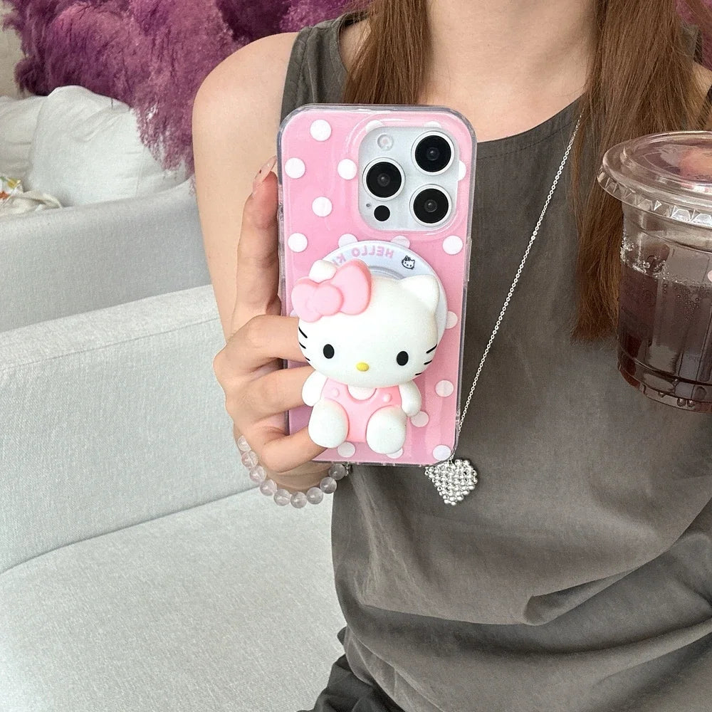3D Cute Sanrio Hello Kitty Magnetic Grip Tok Holder Magsafe Wireless Charge Phone Case For iPhone 16 15 14 13 12 Pro Max Cover