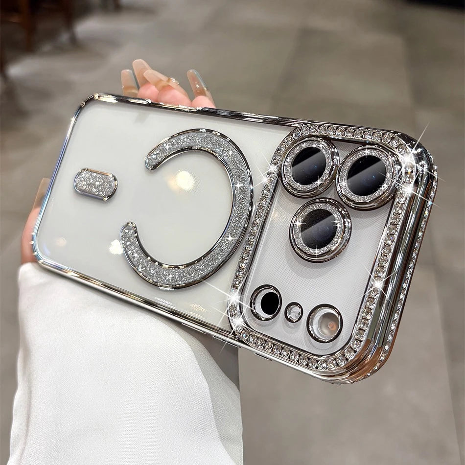 For iPhone 17 Air 17 Pro Max Luxury Girl's Case Bling Diamond Lens Film Magsafe Cover Case for iPhone 16 15 14 13 12 11 Pro Max