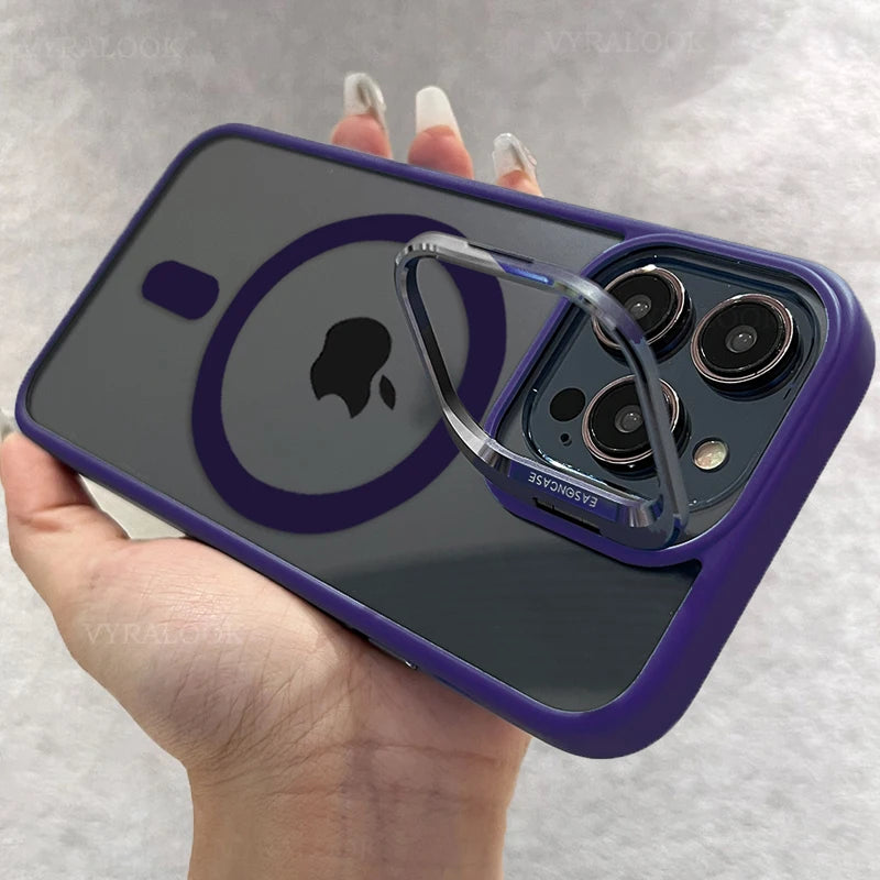 New Phone Case For iPhone 16 15 14 13 12 11 Pro Max Plus 17 Air For Magsafe Transparent Magnetic Lens Metal Stand Holder Cover