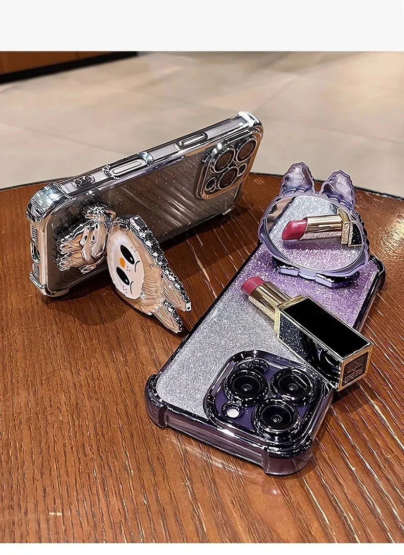 Cute L-La-bubuES Phone Case for iPhone 16 15 14 13 12 11 Pro Max Plus 16E X XR Shockproof Plating Silicone Glitter Powder Cover