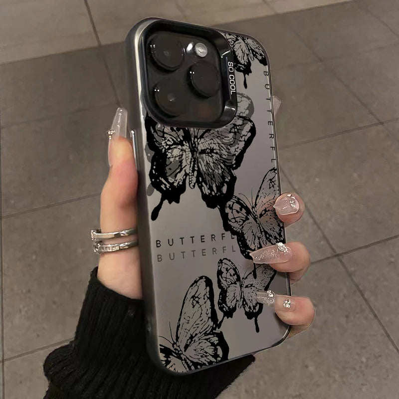 Retro Black Butterfly Phone Case For Iphone 16 16E 15 14 Plus 13 12 11 Pro Max Electroplated Cover Case Funda Bumber 16E