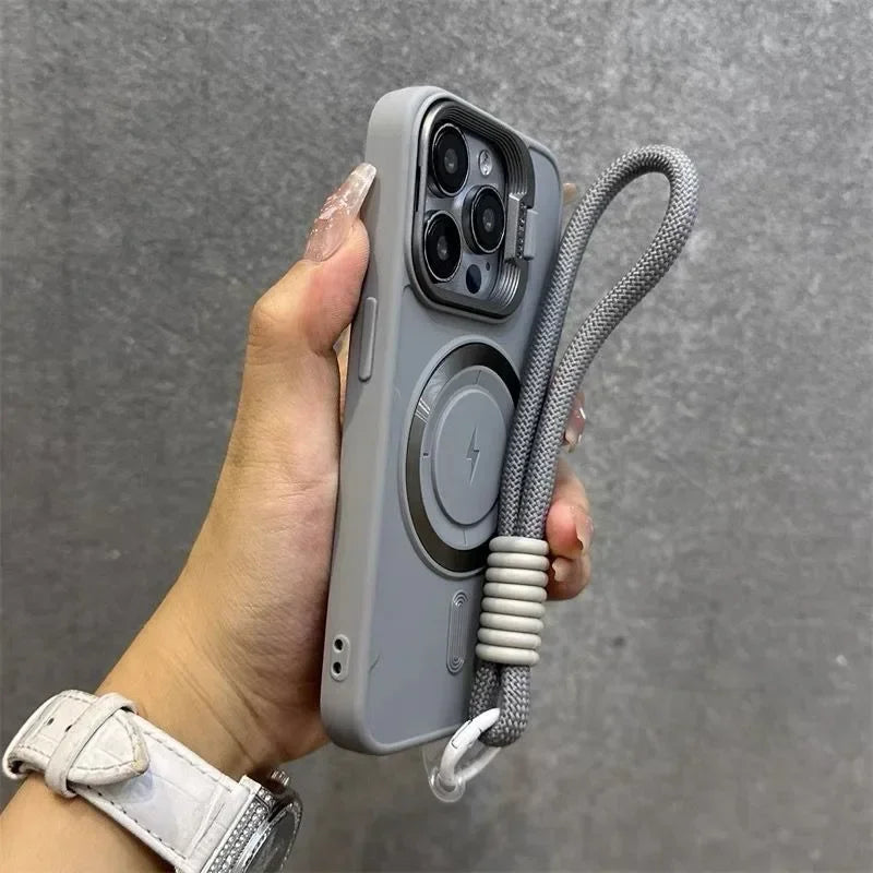 Luxury Flip Up Lens Holder Magnetic Case for iPhone 16 15 14 13 12 11 Pro Max 16 Plus Fashion Nylon Wristband Lanyard Soft Cover