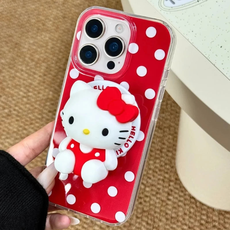 3D Cute Sanrio Hello Kitty Magnetic Grip Tok Holder Magsafe Wireless Charge Phone Case For iPhone 16 15 14 13 12 Pro Max Cover