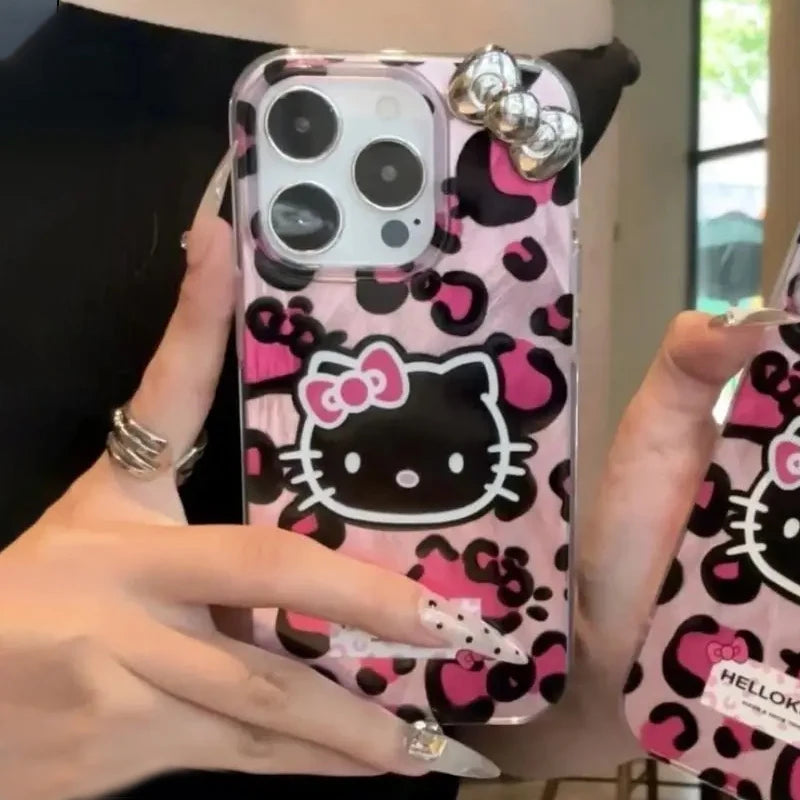 Pink Leopard Print HelloKitty Bow Mobile Phone Case For iPhone 15 14 13 12 11 Pro Max XR XS 7 8 Plus Silicone Laser Covers Y2K