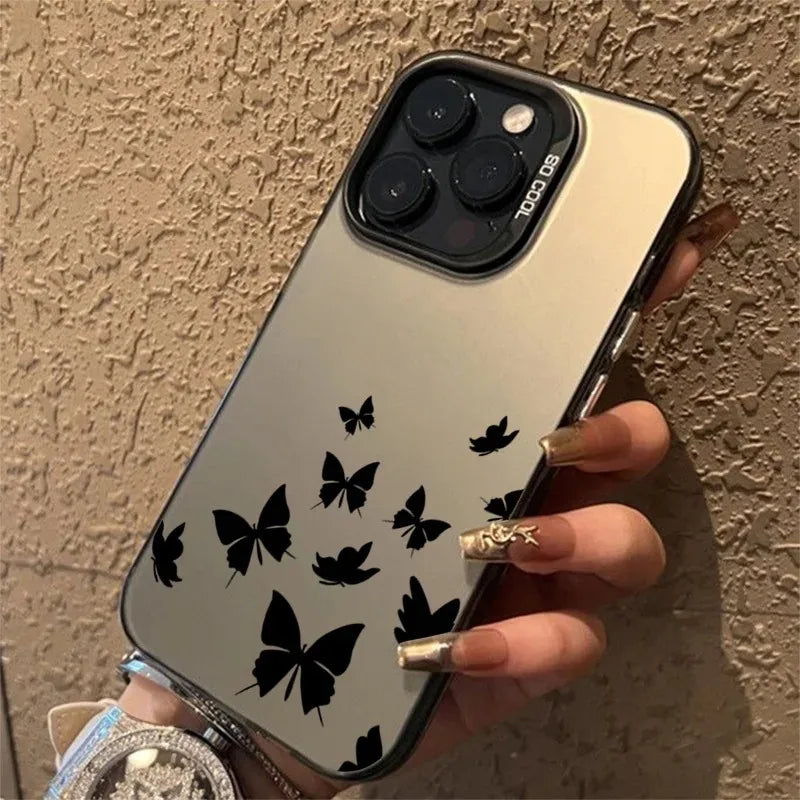 For iPhone 16 15 14 Plus 13 12 11 Pro MAX 16E Shockproof Drawing Butterfly Lens Protect Plating Phone Cover Case