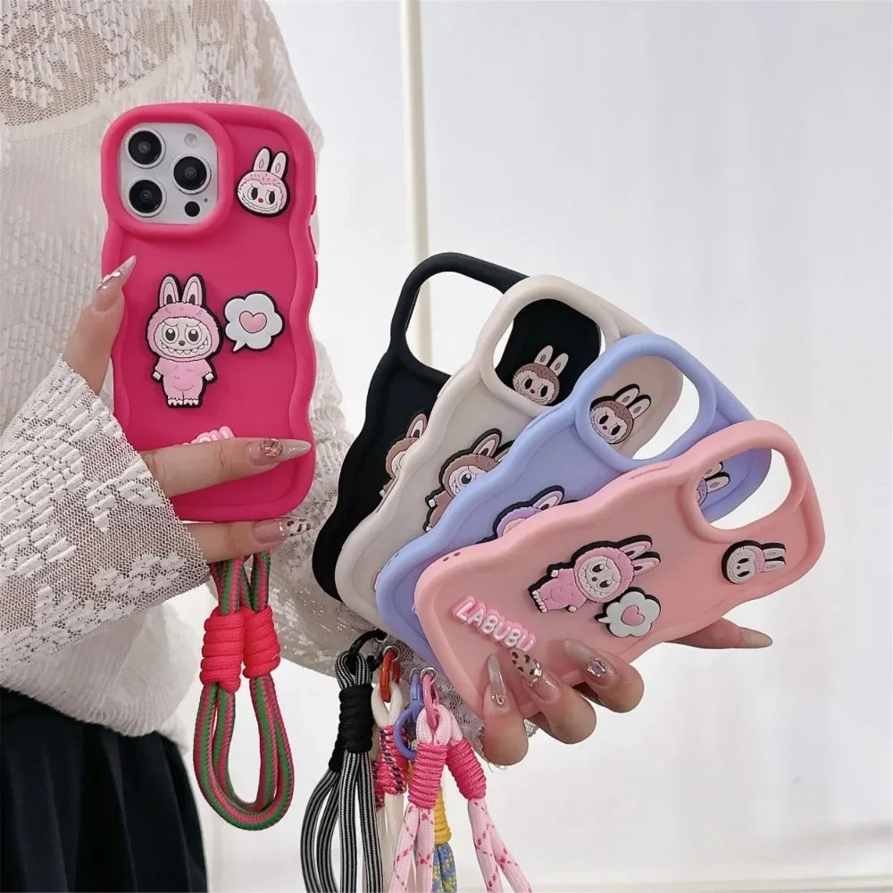 Cute Cartoon Wrist Strap Phone Case for IPhone 16 15 14 13 12 11 Pro Max XS X XR 7 8 Plus Silicone Soft Protective Cover