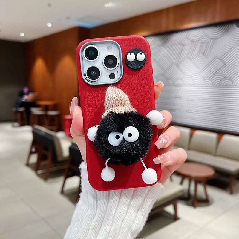 3D Doll Plush Briquettes Leather Phone Case For iPhone 16 15 14 13 12 11 Pro Max X XS Max XR 7 8 Plus SE2 Shockproof Soft Cover