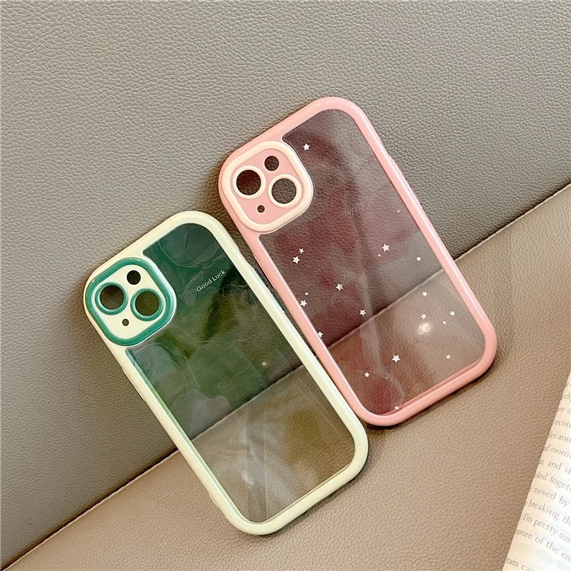 Gradient Pink Green Abstract Oil Painting Acrylic Clear Case For iPhone 16 Pro Max 15 14 13 12 11 Soft Bumper Hard Back Cover