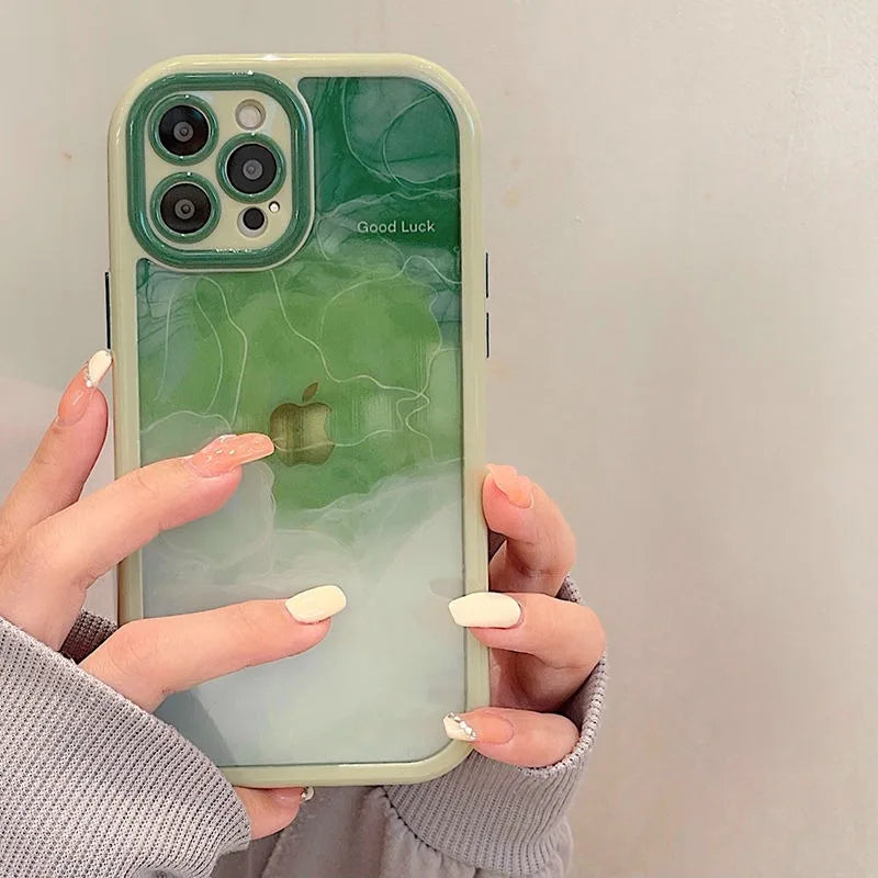 Gradient Pink Green Abstract Oil Painting Acrylic Clear Case For iPhone 16 Pro Max 15 14 13 12 11 Soft Bumper Hard Back Cover