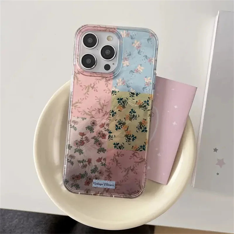 Splicing Flowers Phone Case For IPhone 16 16E 15 14 13 12 11 Pro XR XS Max 7 8 Plus Phone Shockproof Girl Cover Case Funda
