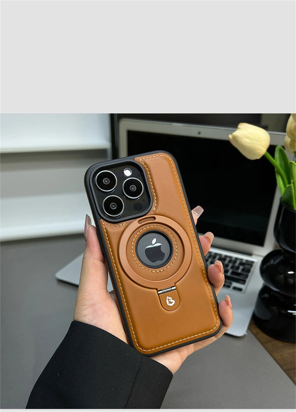 Luxury Magnetic Stand Ring PU Leather Phone Case For iPhone 16 15 14 13 12 Pro Max Magsafe Wireless Charging Hollow Logo Cover
