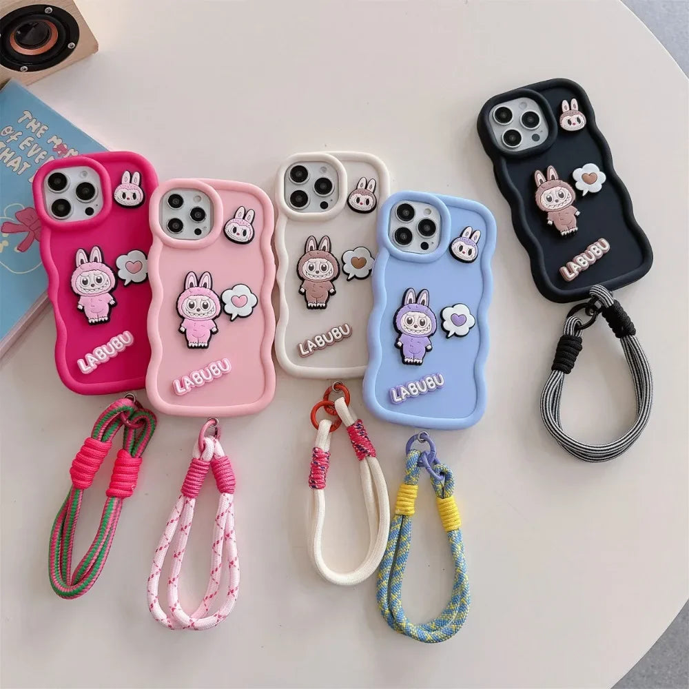 Cute Cartoon Wrist Strap Phone Case for IPhone 16 15 14 13 12 11 Pro Max XS X XR 7 8 Plus Silicone Soft Protective Cover