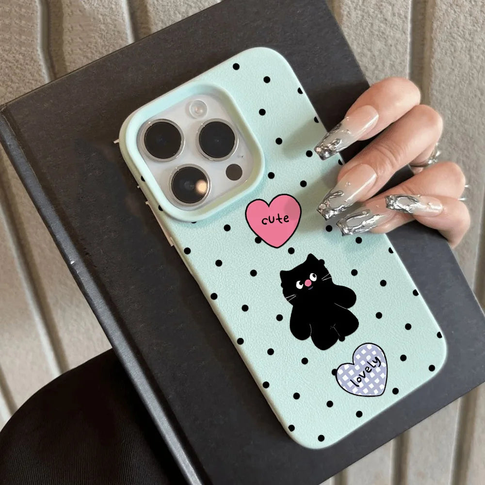 Cute Cartoon Black Cat Dots Leather Phone Case For iPhone 11 Case iPhone 16 14 12 15 13 Pro Max 16 15 Plus Soft Silicone Cover