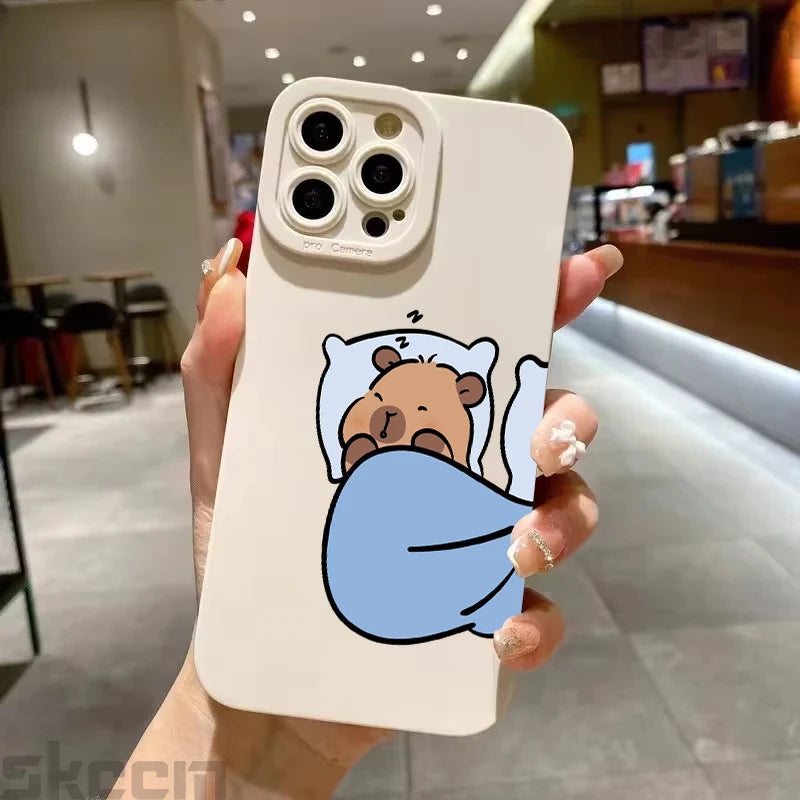 Cute Cartoon Capybara Couple Phone Case For iPhone 15 Pro Max 16 14 11 13 12 XS X XR 16E 7 8 Plus Shockproof Bumper Cover