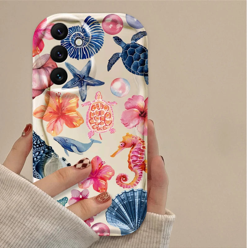3D Case For Samsung Galaxy S25 S24 Ultra S23 S22 S21 Plus FE A56 A36 A26 A16 A06 A15 A25 A35 A55 5G Color Flower Marine Organism