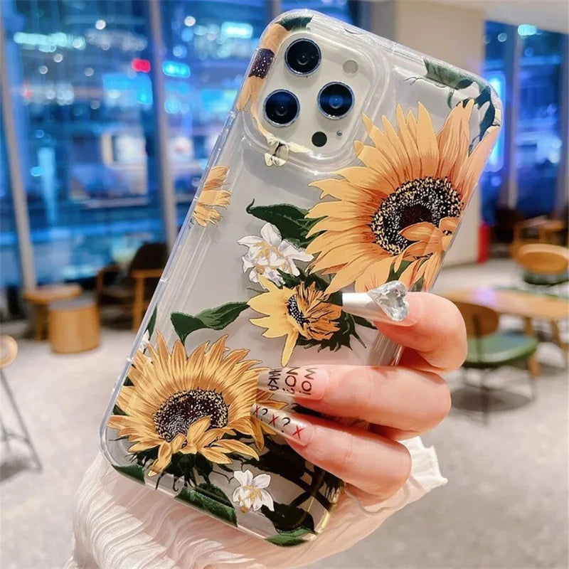 Trendy Flower Pattern Transparent Case For iPhone 16 15 Pro Max 16E 14 13 12 11 PRO Mini Soft Clear Cover