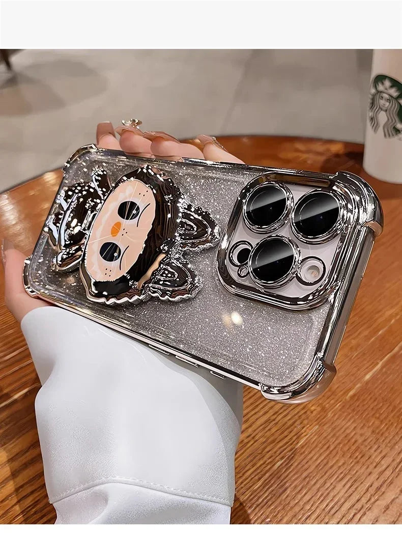 Cute L-La-bubuES Phone Case for iPhone 16 15 14 13 12 11 Pro Max Plus 16E X XR Shockproof Plating Silicone Glitter Powder Cover