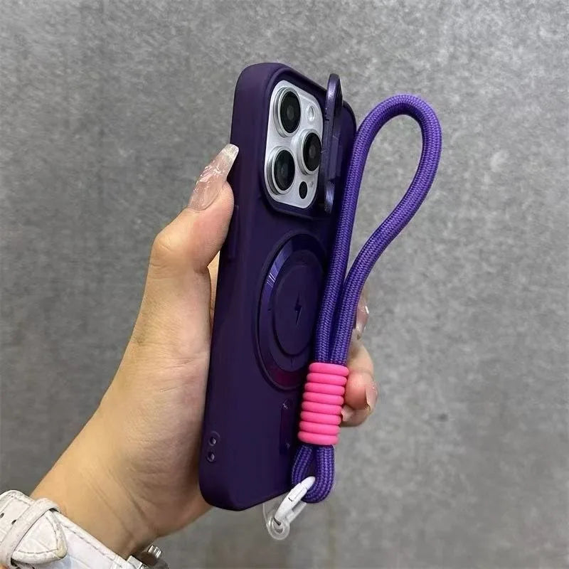 Luxury Flip Up Lens Holder Magnetic Case for iPhone 16 15 14 13 12 11 Pro Max 16 Plus Fashion Nylon Wristband Lanyard Soft Cover