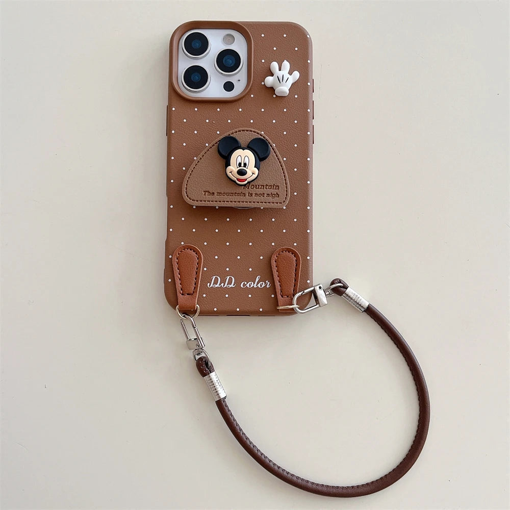 Disney 3D Mickey Stand Holder Polka Leather Case for iPhone 16 15 14 Plus 13 12 11 Pro Max Wrist Hand Strap Shockproof Cover