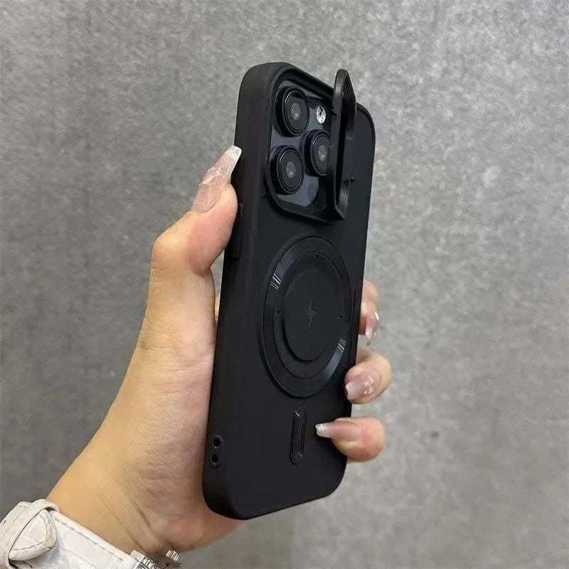 Luxury Flip Up Lens Holder Magnetic Case for iPhone 16 15 14 13 12 11 Pro Max 16 Plus Fashion Nylon Wristband Lanyard Soft Cover