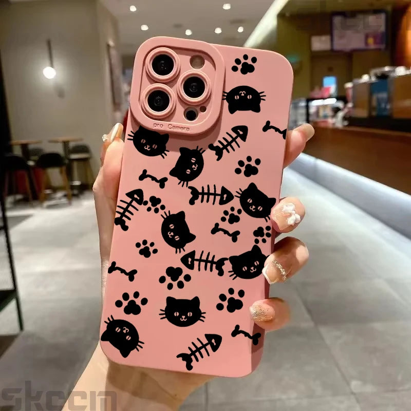 Cute Black Kitten Sketch Cat Phone Case for iPhone 16 15 14 13 12 11 Pro Max Mini XR XS X 7 8 Plus 16E Soft TPU Back Cover