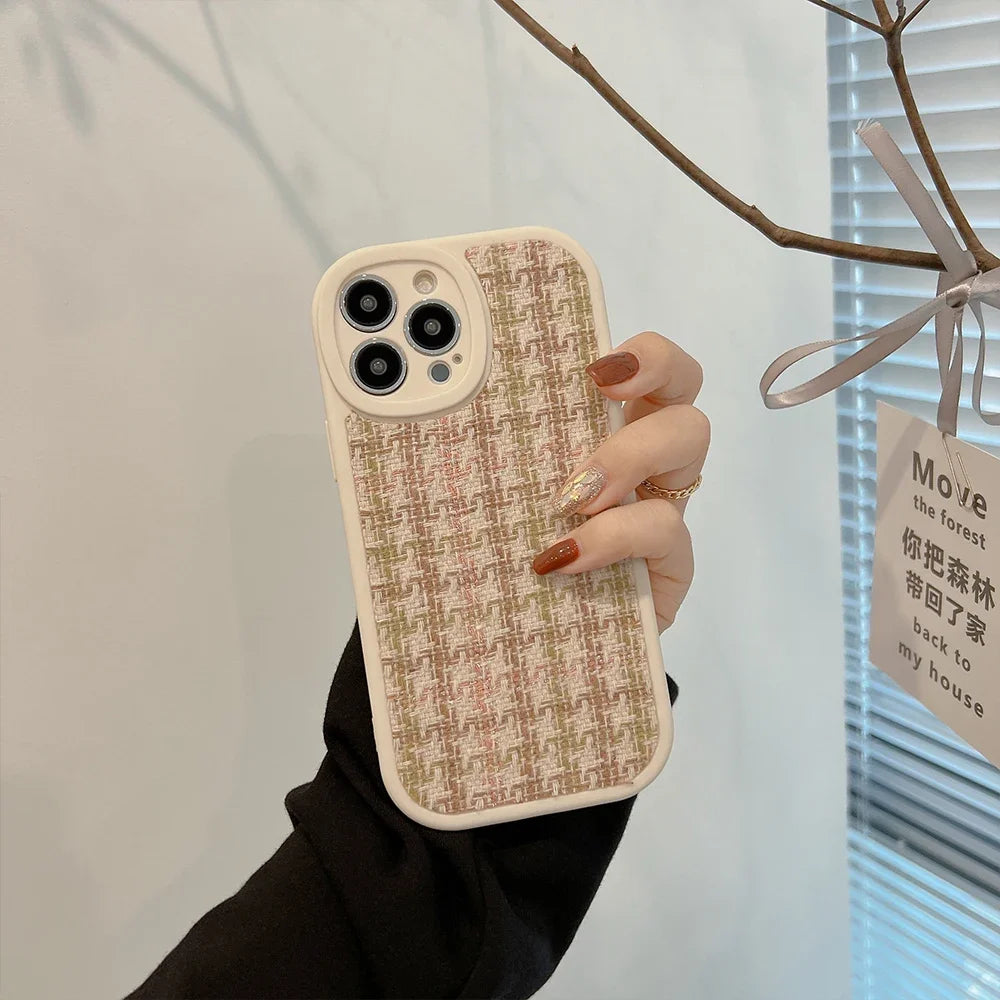 Classic Knitted Check Houndstooth Phone Case for iPhone17 16 15 14 12 13 11 Pro ProMax Plus X XR Xsmax Shockproof Soft Cover
