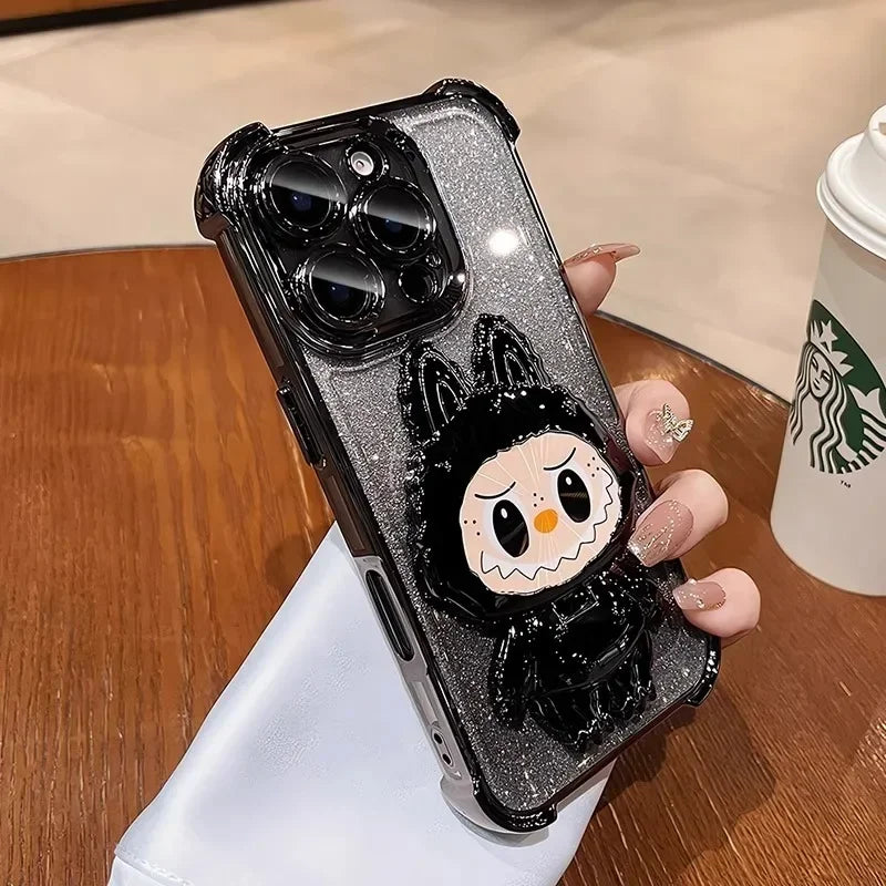 Cute L-La-bubuES Phone Case for iPhone 16 15 14 13 12 11 Pro Max Plus 16E X XR Shockproof Plating Silicone Glitter Powder Cover