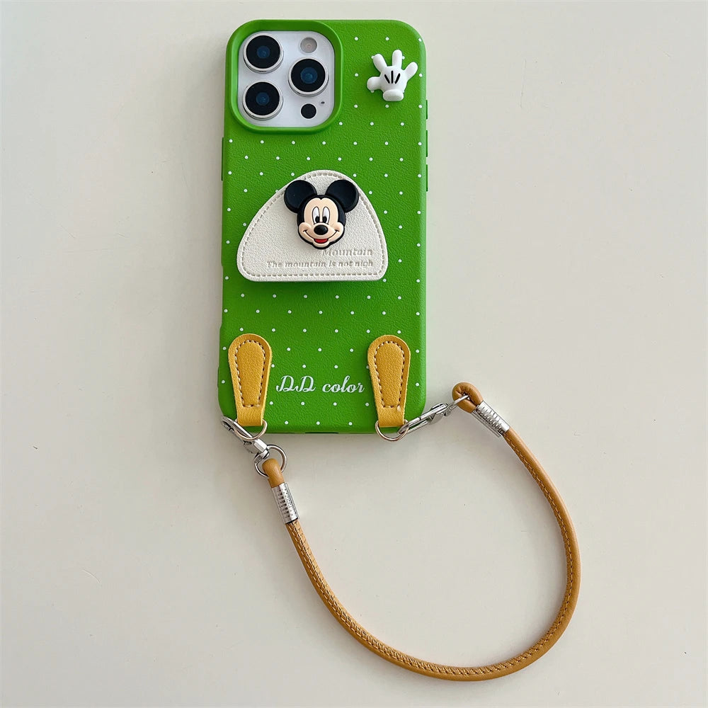 Disney 3D Mickey Stand Holder Polka Leather Case for iPhone 16 15 14 Plus 13 12 11 Pro Max Wrist Hand Strap Shockproof Cover