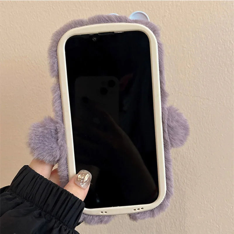 3D Cute Cartoon Funny Phone Cases For iPhone 17 16 15 14 13 12 11 Pro Max Warm Winter Fluffy Plush Soft Bumper Protection Cover