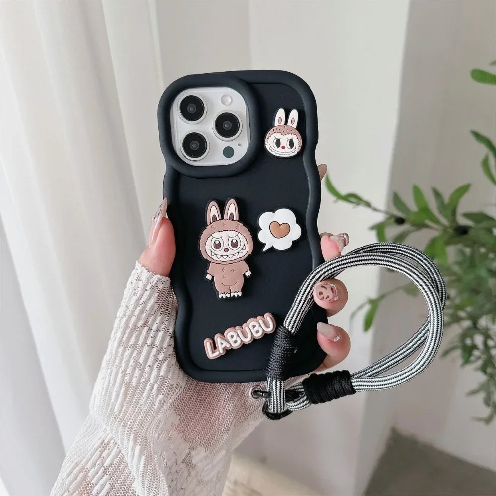 Cute Cartoon Wrist Strap Phone Case for IPhone 16 15 14 13 12 11 Pro Max XS X XR 7 8 Plus Silicone Soft Protective Cover
