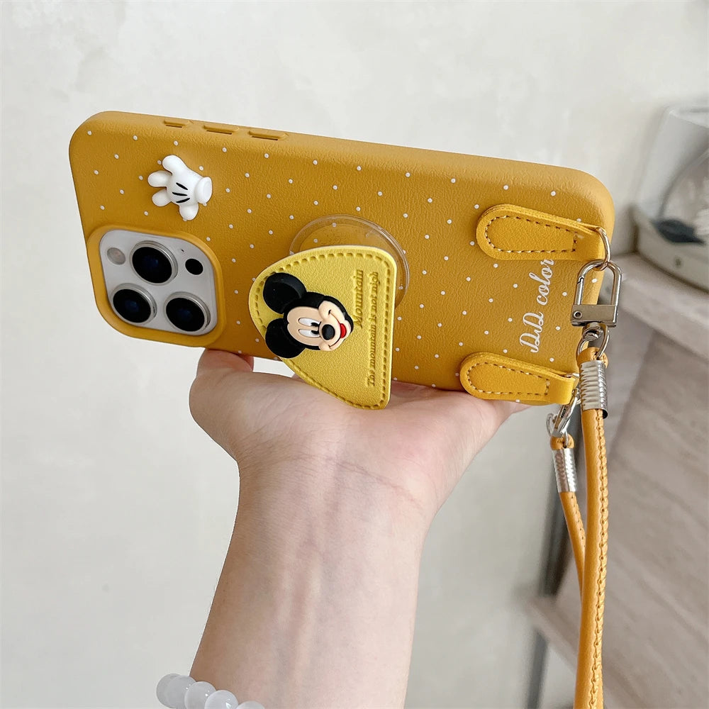 Disney 3D Mickey Stand Holder Polka Leather Case for iPhone 16 15 14 Plus 13 12 11 Pro Max Wrist Hand Strap Shockproof Cover