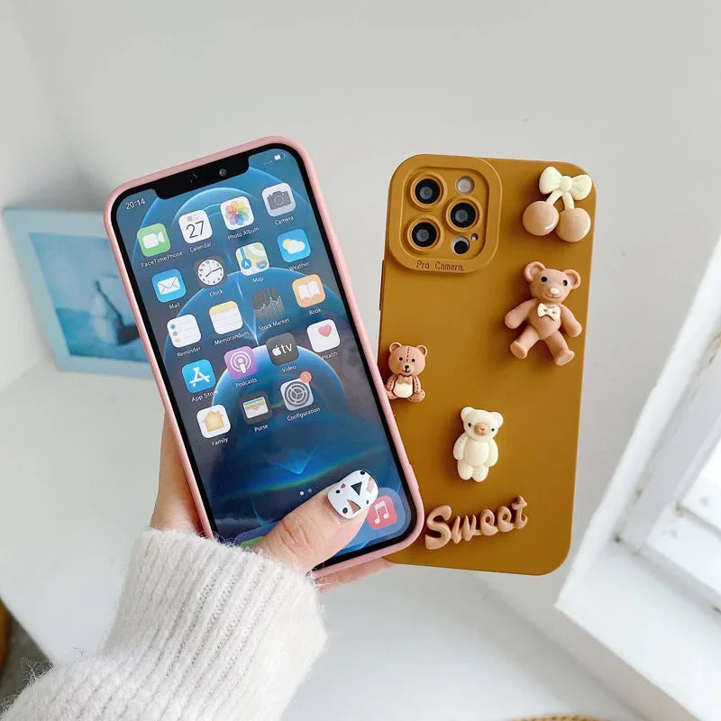 Cute 3D Bear Phone Case For iPhone16 11 12 13 Mini 14 15 Pro Max Anti Knock Back Cover for iPhone X XR XS Max 7 8 6 6s Plus Capa